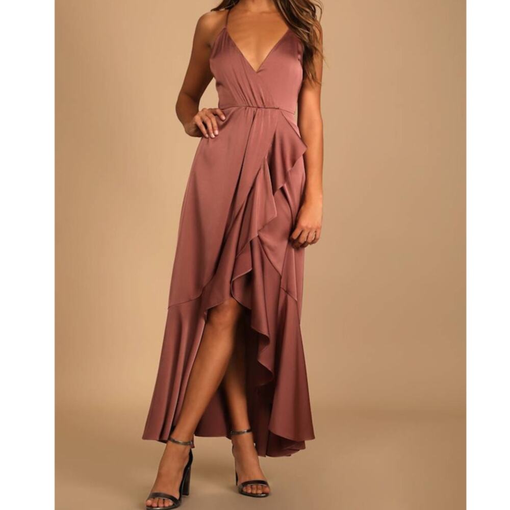 NEW Lulus Enchanted Moments Mauve Pink Satin Ruffled High-Low Dress Medium